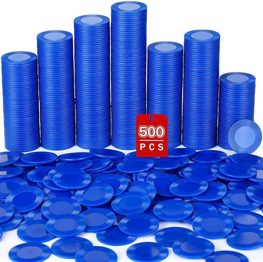 Leitee 500 Pcs Blue Plastic Poker Chips Bulk 1.5 Inch Mini Bingo Chips Tokens Markers Blank Casino Counting Discs Learning Math Counters for Adults Interlocking Game Counting Reward Card