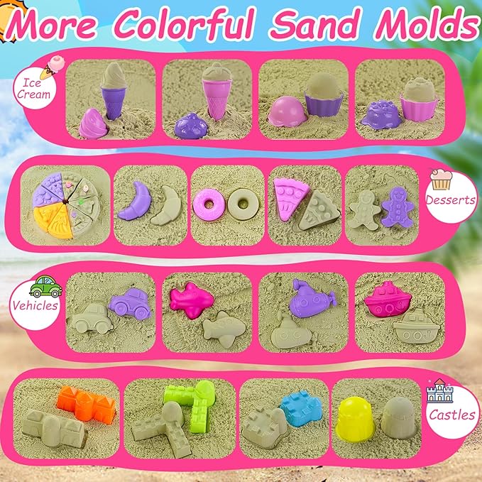 Beach Sand Toys, 50Pcs Sandbox Toys with 2 Collapsible Buckets, Mesh Backpack Bag, Shovels, Ice Cream, Cake & Castle Sand Molds, Summer Outdoor Travel Toys for Kids Toddlers Girls