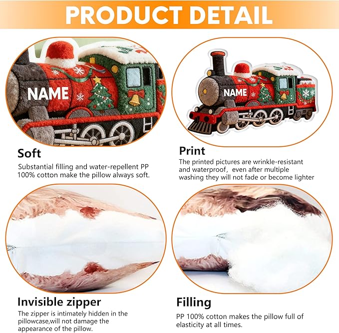 Custom Train Shaped Pillow Cute Personalized Name Plush Doll, Double-Sided Construction Engineering Vehicle Pillow for Kids, Birthday Gifts for Boys and Girls Sofa Decorative Pillows 8-32in