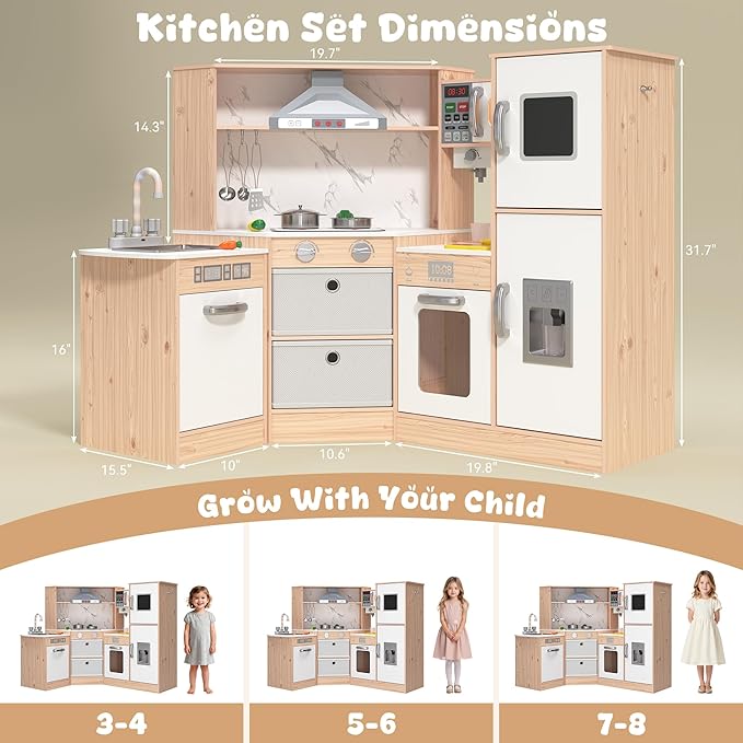 Wooden Play Kitchen for Kids with Realistic Lights & Sounds, Smart Storage, Pretend Ice Maker, Sink, Stove, Inspiring Creative Role Play Toy for Ages 3+(Light Wood)