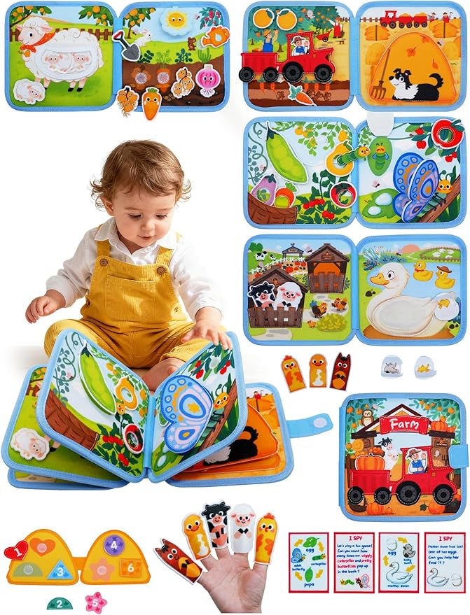 Montessori Toys Busy Book for 1-3, Toddler Busy Board for 1+ Year Old, Boy Birthday Gift Girl Toys Toddler Airplane Travel Toys Educational Learning Activity Books Felt Quiet Book (Farm)