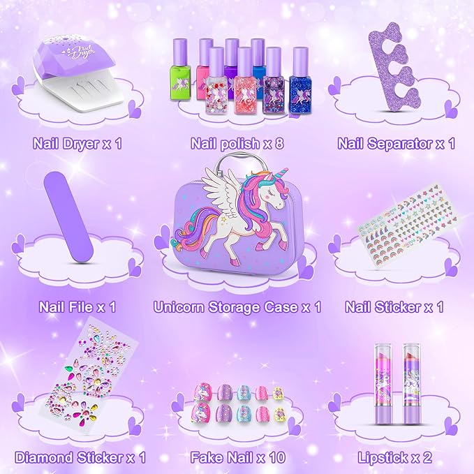 Kids Nail Polish Set for Girls Toys, Washable Quick-Dry Toddler Nail Art Kit with Air Cooling Dryer and Cosmetic Case, Christmas or Birthday Gifts for Girls Ages 3 4 5 6 7 9 10 11 12-Purple