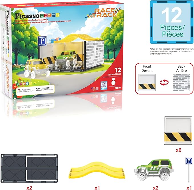 PicassoTiles Magnetic Tiles Race Car Track Kit Parking Garage Expansion Pack with 2 Cars Magnet Tile Building Blocks Educational Toy Learning Kit Pretend Play Construction Set Kids Child Ages 3+ PTR07