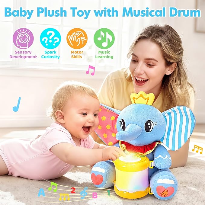 V-Opitos Stuffed Elephant Musical Toys for Baby 6-12 Months+, Early Learning Light up Music Drum, Perfect Christmas Birthday Gifts for Boy & Girl Age 1, 2 Years Old