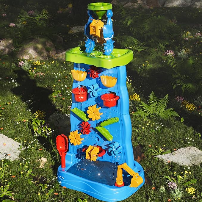 Water Table for Toddlers 1-3 Kids Ages 4-8, Double-Sided Waterfall Discovery Wall with Rich Activity Set, Summer Kids Outdoor Beach Sensory Sand Water Play Table Toys, Birthday Gifts for Boys & Girls