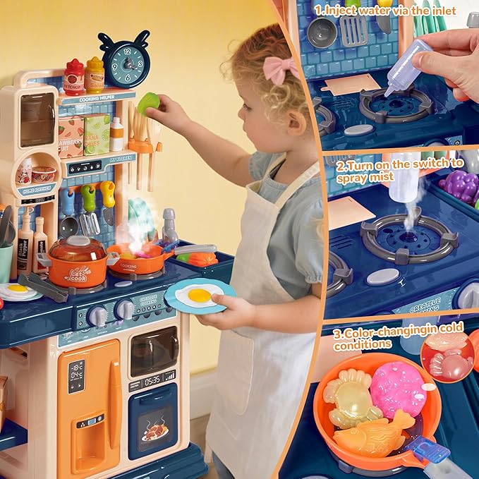 cossy Kids Play Kitchen,Toddler Kitchen with Sound and Light,Cooking Stove with Steam,Play Food Toy and Kitchen Accessories,Play Kitchen for Toddlers,Blue