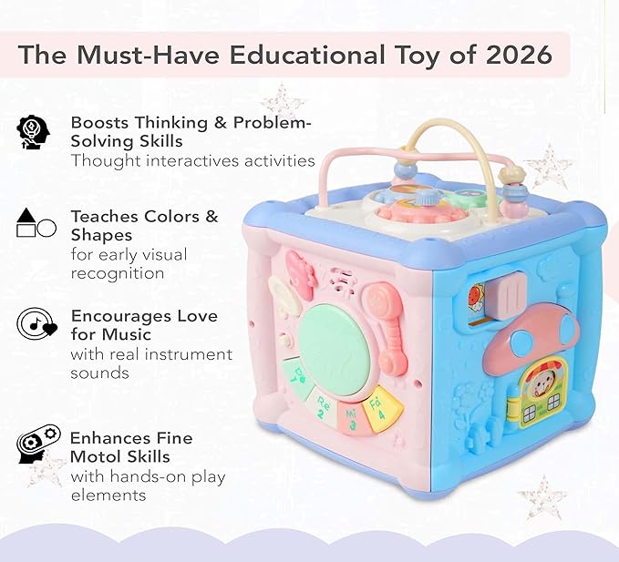 6-in-1 Baby Activity Cube for 1.5 Year Old, Educational Learning Fine Toy, Fast Learner Toddlers Activity Cube for Babies, Music & Light-Up Toy for Baby Girls and Boys, First Birthday Gifts