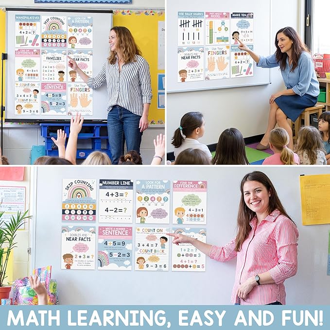 BrightenKidz 14 Pcs Boho Math Posters for Elementary School Classroom Decor, 8.5" x 11" Mathematics Strategy Posters, Math Bulletin Board Sets, Teacher Classroom Must Haves, 1st & 2nd Grade Supplies