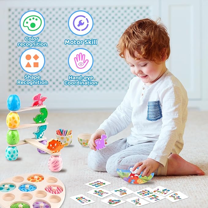 Aliex 4 in 1 Montessori Dinosaur Toys 12+ Months Boys Girls, Wooden Blocks Stacking Balance Toys Stick Color Sorting Egg Puzzles Matching Game,Preschool Education Learning Gift for Toddlers 1 2 3 4