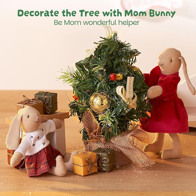 Giant bean® Bunny Toys for Kids, Christmas Bunny, 4 PCS Hand Made Rabbit Family Dolls with Removable Clothes, Suitable for Infants, Boys and Girls, Dollhouse People