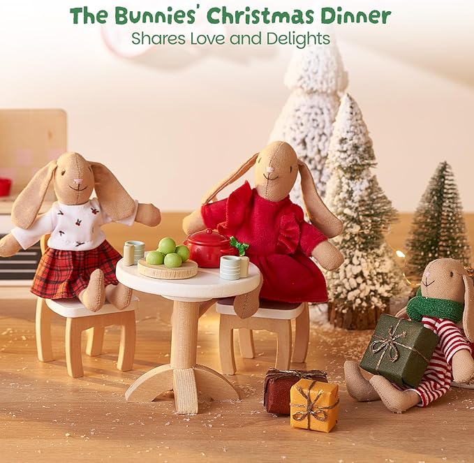 Giant bean® Bunny Toys for Kids, Christmas Bunny, 4 PCS Hand Made Rabbit Family Dolls with Removable Clothes, Suitable for Infants, Boys and Girls, Dollhouse People