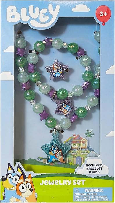 LUV HER Bluey Girl's Jewelry Set - Dress up Toy Jewelry Box Set with Bead Necklace, Bracelet and Ring - Play Accessories - Ages 3+