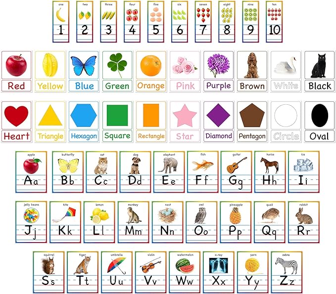 Yisong 56 Pieces Alphabet and Number Bulletin Board Set Educational Bulletin Board Cards Early Learning Colors Shapes Cards Manuscript Alphabet Number Posters for Kindergarten Classroom Decorations