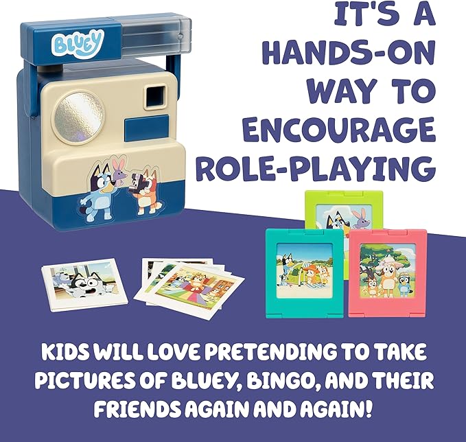 Bluey Chikit Chikit Pretend Camera, Role Play Toy Camera for Kids with 10 Photo Cards, 3 Pop-Out Film Cartridges, Toddler Toys Playset for Ages 3+