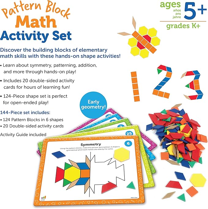 Learning Resources Pattern Block Math Activity Set - 144 Pieces, Age 5+, Educational Kindergartner Games, Fine Motor Skills