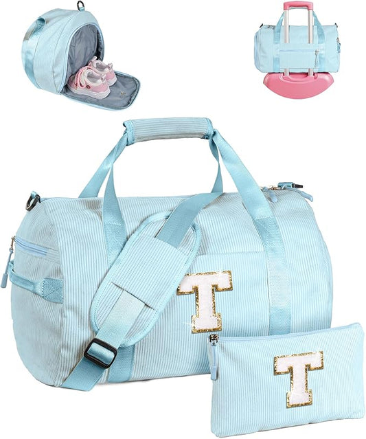 6 Year Old Girl Birthday Gifts, Girls Gym Bag, Kids Personalized Dance Bags with Shoe Compartment, Customized Travel Tote with Toiletry Bag, Gift for 3 4 5 6 7 8 Year Old Kid (Letter T)