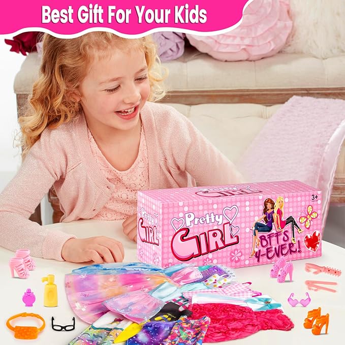 110 Pcs Doll Clothes and Accessories Dress up Toys for Girls with Wedding Dresses, Casual Dresses, Casual Jumpsuit, Swimsuits Bikini, Glasses, Shoes, Hangers, Doll Clothes Toys for Girl Gift