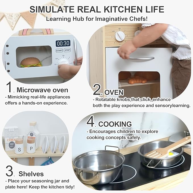 Wooden Play Kitchen for Kids, Kitchen Playset for Toddlers with Ice Maker,Storage Box, Sink, Oven, Microwave & Fridge and 17 Accessories, Educational Gifts for Boys and Girls Ages 3+