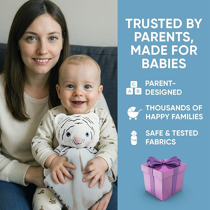 Love By Emi Baby Sleep Soother White Tiger Plush with Heartbeat & Lullaby Sounds, 4-in-1 Sound Machine, Security Blanket & Pacifier Holder, Baby Registry Essential for Newborns, Infants & Toddler