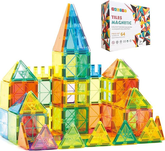Magnetic Building Tiles for Kids,64 PCS Educational Magnetic Stacking Blocks for Boys Girls, Magnets Construction Toys,Stem Preschool Kindergarten Learning Toys