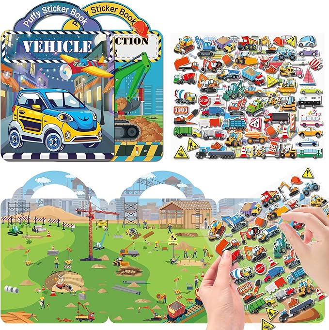 2 Pack Puffy Sticker Books for Kids Ages 3-5, Construction Truck and Vehicle Car Stickers for Toddlers Boys, 3D Reusable Stickers Books for Toddlers, Activity Book for Boys Party