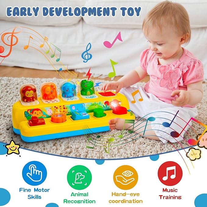 Interactive Pop up Animal Toys with Music & Light, Montessori Cause and Effect Toys for 1 Year Old Boy Girl Early Learning Musical Baby Toy 9-12-18 Months STEM Toddler Toy Age 1-2 Gift for Infant