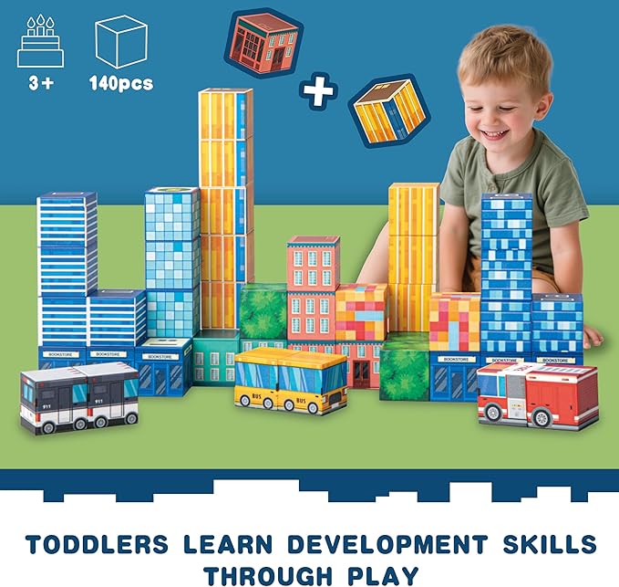 Magnetic Blocks - 140PCS 1'' Big Magnetic Building Blocks for Kids, Magnetic Tiles Kids Build Cubes STEM Toys, Build Urban Wonders-Magnetic City Blocks, Gifts Toy for Kids, Toddlers Boys Girls Ages 3+