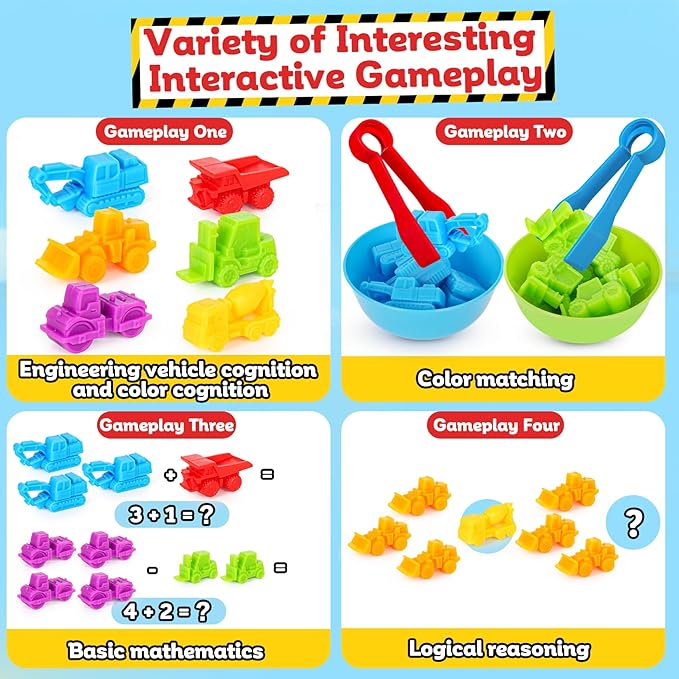 Counting Construction Vehicles Color Sorting Matching Games for Toddlers 3-5, Preschool Educational Learning Fine Motor Counting Transportation Matching Classroom Sensory Table Toys for Boys Girls