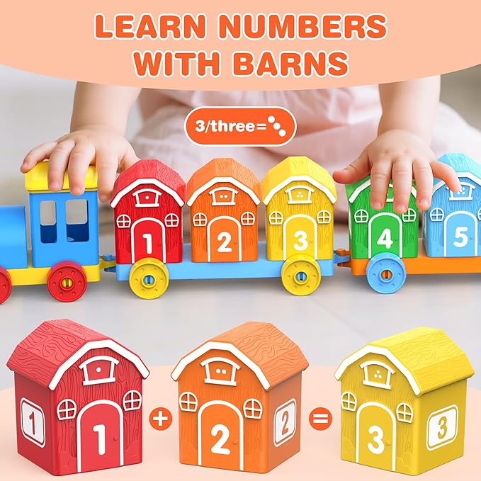 Montessori Toys for Toddlers 1 2 3 Years Old, Farm Animal Train Set with Counting Matching Sorting Activities 9 Barns, 10 Finger Puppets, 2 Stickers-Learning Toys for Baby Boys Girls, Preschool Gift
