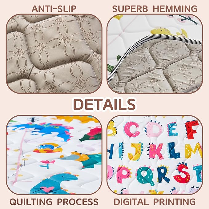 Baby Play Mat - Thicken 50x50 Inch Soft Foam Crawling Mat for Playpen & Floor, Non-Slip Waterproof Playmats for Infants & Toddlers, Portable Foldable & Machine Washable, Dinosaur & Letters