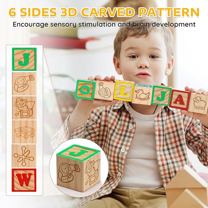 SainSmart Jr. Wooden ABC Blocks 40PCS Stacking Blocks Baby Alphabet Letters, Counting, Building Block Set for Toddlers 1.2 Inch