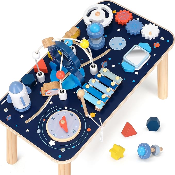 10-in-1 Wooden Activity Table for 1 Year Old | Montessori Baby Standing Activity Center & Sensory Play Cube with Xylophone, Rocket Blocks, Bead Maze, Mirror, Shape Sorter – Space Theme