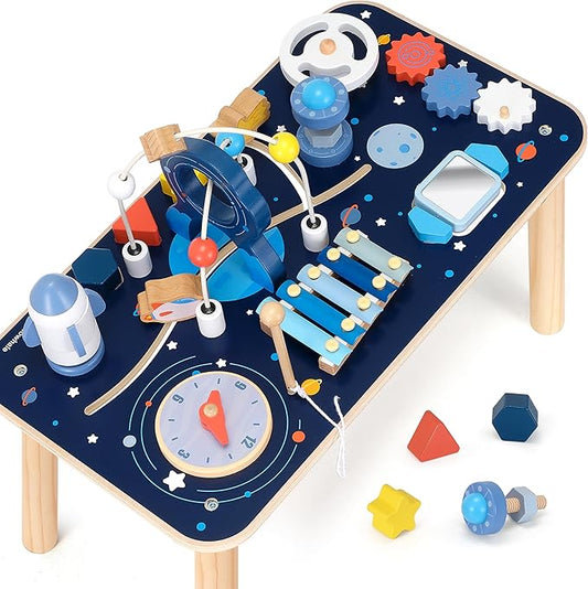 10-in-1 Wooden Activity Table for 1 Year Old | Montessori Baby Standing Activity Center & Sensory Play Cube with Xylophone, Rocket Blocks, Bead Maze, Mirror, Shape Sorter – Space Theme
