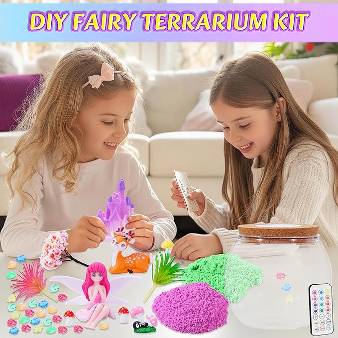 Fairy Garden Light Up Terrarium Kits for Kids – DIY Craft Kit with LED for Girls Ages 4-8 | Stem & Art Gift for Kids, Ideal for Birthday or Holiday
