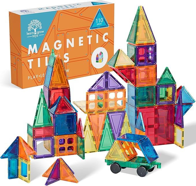 Learn & Grow 110PCs Magnetic Tile Building Set - Kids Magnetic Tiles, Magnet Tile Sets for Boys & Girls, STEM Science & Math Learning Toys - Classroom Construction Toys for Toddlers & Kids Age 3+
