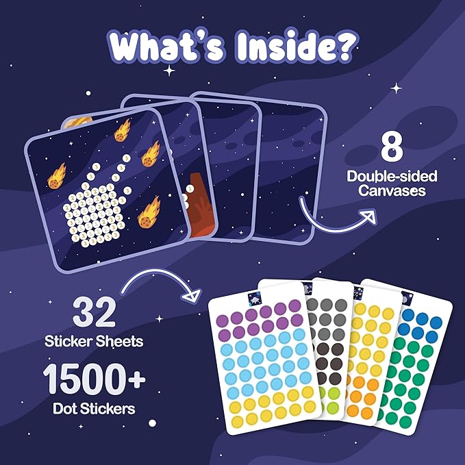 BINCA Dotties Dot Art Activity Kit - Space, 1500+ Stickers, Christmas Stocking Stuffers, Mess-Free Activities, DIY Dot Sticker Art, Kids Travel Activities, Gifts for Boys & Girls Ages 4,5,6,7