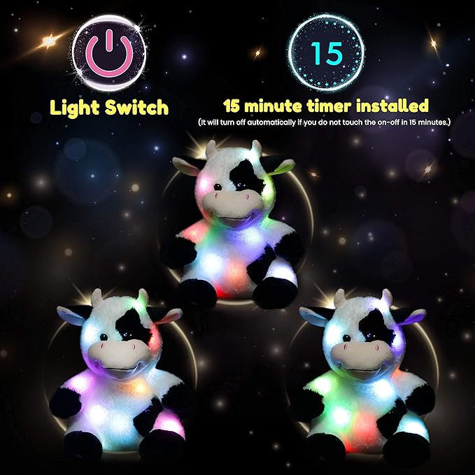 Hopearl LED Plush Cow Lighting Up Stuffed Animal Diary Cattle Floppy Night Lights Glow in The Dark Birthday Festival for Kids Toddler Girls, 13''