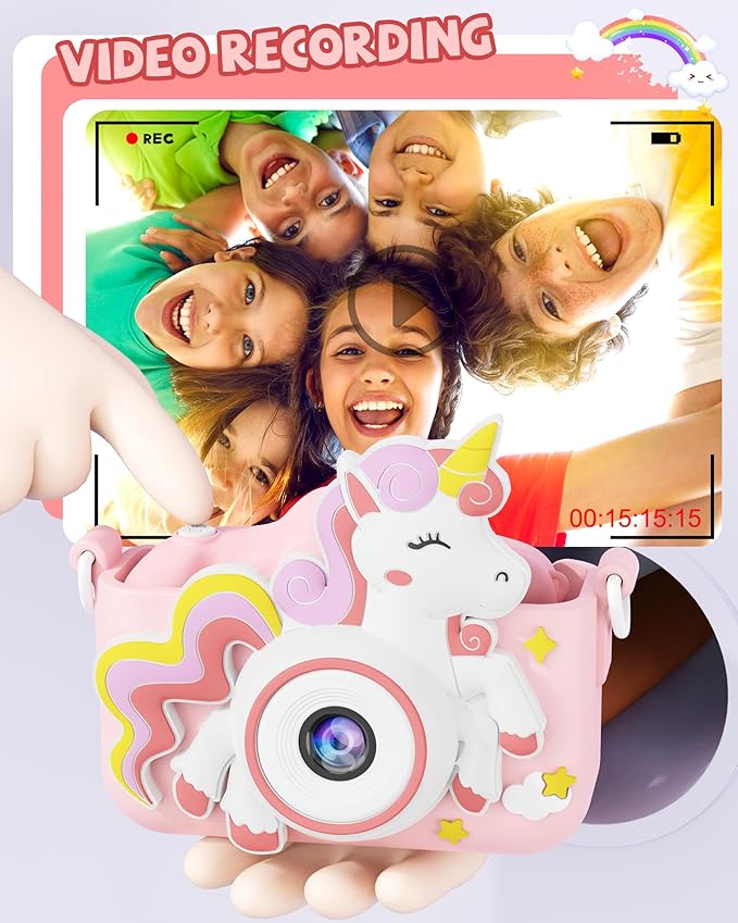 Kikapabi Unicorn Kids Camera Toys for Girls Boys Age 3-8, Christmas Birthday Gifts for Girls Age 3 4 5 6 7 8, Digital Camera with Silicon Cute Cover for Kids, Toddler Camera for Kids with 32G SD Card