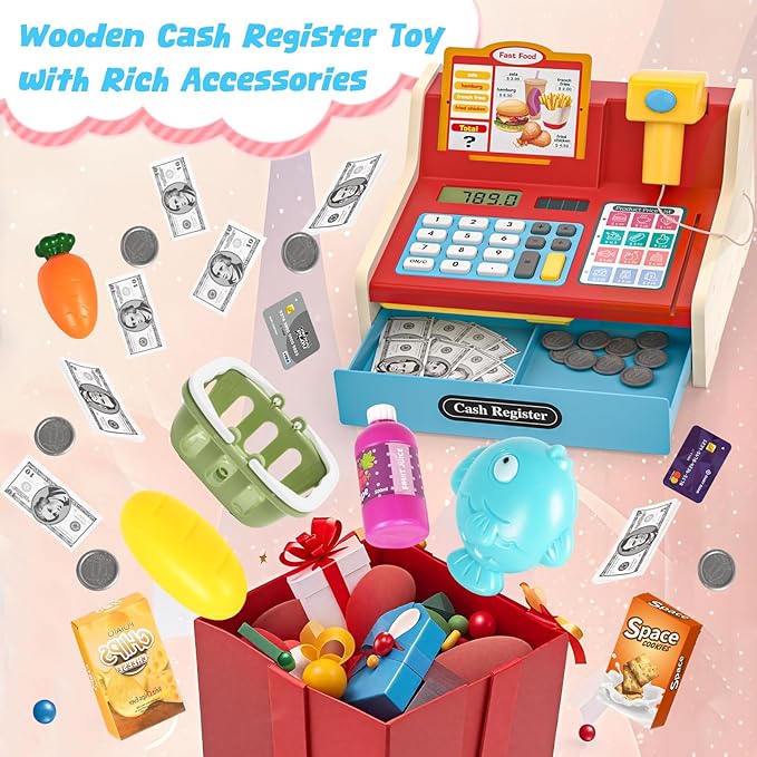 2025 Wooden Toy Cash Register for Kids,Rechargeable Counting Wood Cash Register Toys, Kids Cash Register with Scanner Realistic for Boy Girl Age 2-4 4-8, Pretend Toy Role-Playing Birthday Ideals Gift