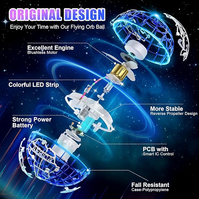 Flying orb Ball 2025 Hover Boomerang Ball 6 Lighting Effects Cool Toys Gift for 678910+ Year Kids Teen Adults Indoor Outdoor Flying Toy（Blue & Red）