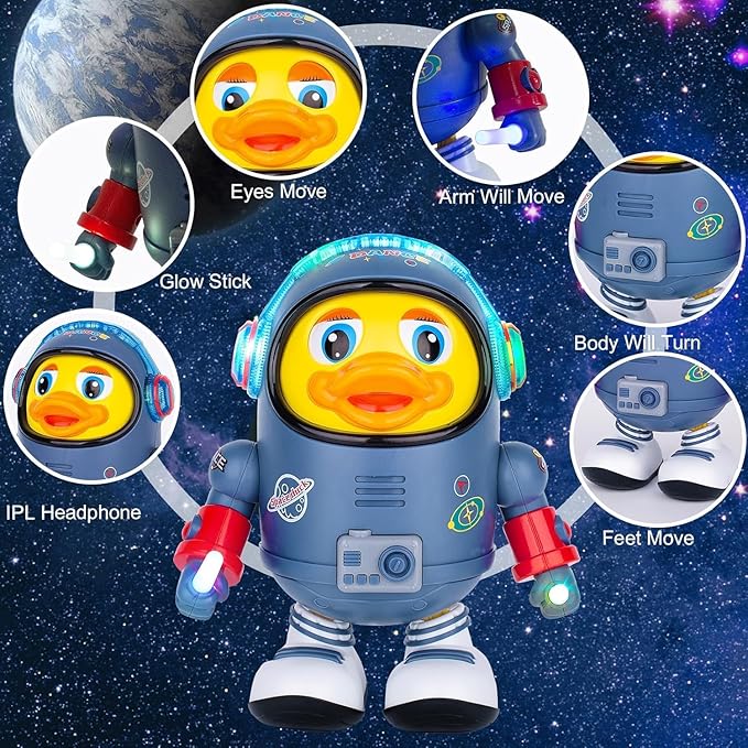 Dancing Space Duck Toy,Walking Duck Baby Robot, Cute Singing Walking Duck Toys with Music LED Lights for Kids Birthday Gifts