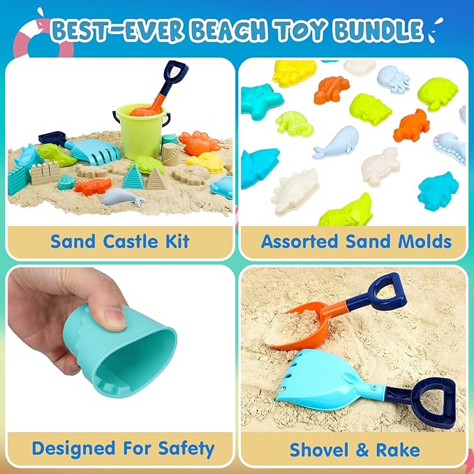 TOY Life 29 Pcs Dinosaur Beach Toys Sand Toys Toddlers with Castle Bucket Shovels & Sand Castle Building Kit Molds, Sandbox Toy Travel, Beach Party, Fishing, Summer Toy Activities