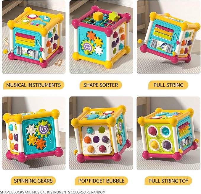 Baby Activity Cube, Cube Toys for Babies 6-12 Months, Toddler Music Busy Board with 4 Sensory Shape Blocks, 6-in-1 Educational Early Development Toy, Christmas, Birthday Gift for 1 Year Old
