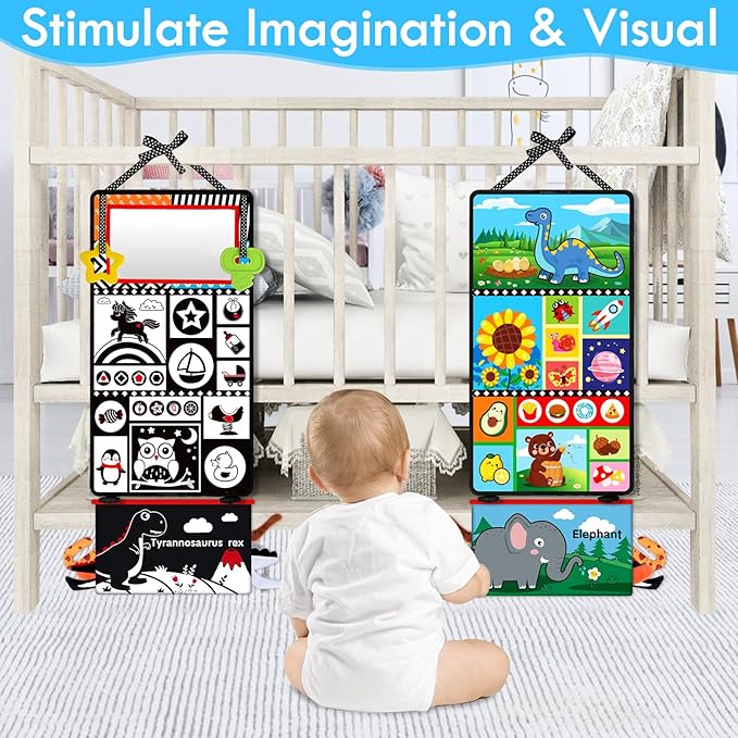 Tummy Time Baby Mirror Toys 0-6 6-12 Months - Montessori Infant Toys Brain Development with Crinkle Cloth Book and Teether - High Contrast Newborn Sensory Toys for Babies Boys Girls Gifts