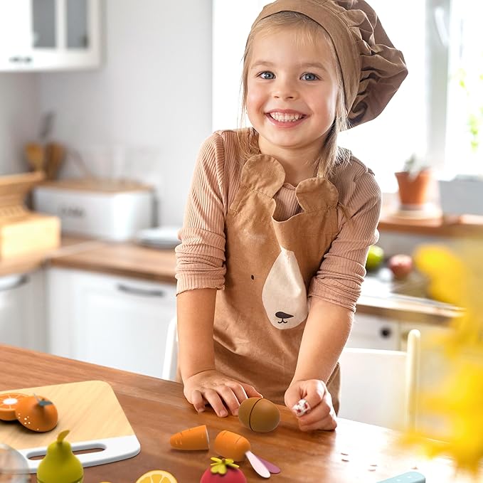 SPEEDY MONKEY Wooden Play Food Set for Toddler – Fruits & Vegetables Cutting Playset, FSC Certified Pretend Food Toy for Kids, Role Play Kitchen Set with Safe Cutting Board & Knife