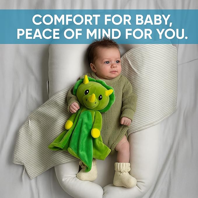 Baby Sleep Soother Green Dino Plush with Heartbeat & Lullaby Sounds, 4-in-1 Sound Machine, Security Blanket & Pacifier Holder, Baby Registry Essential & Christmas Gift for Newborns, Infants & Toddler