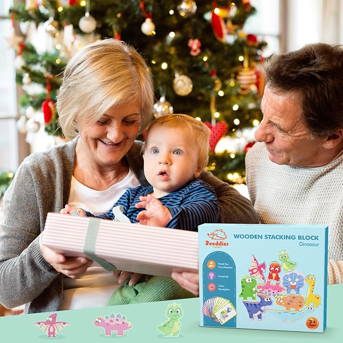 Montessori Toys for Toddlers, 10 Pack Wooden Dinosaur Stacking Blocks, Sorting & Stacking Preschool Learning Activities, Gift for Boys, Girls