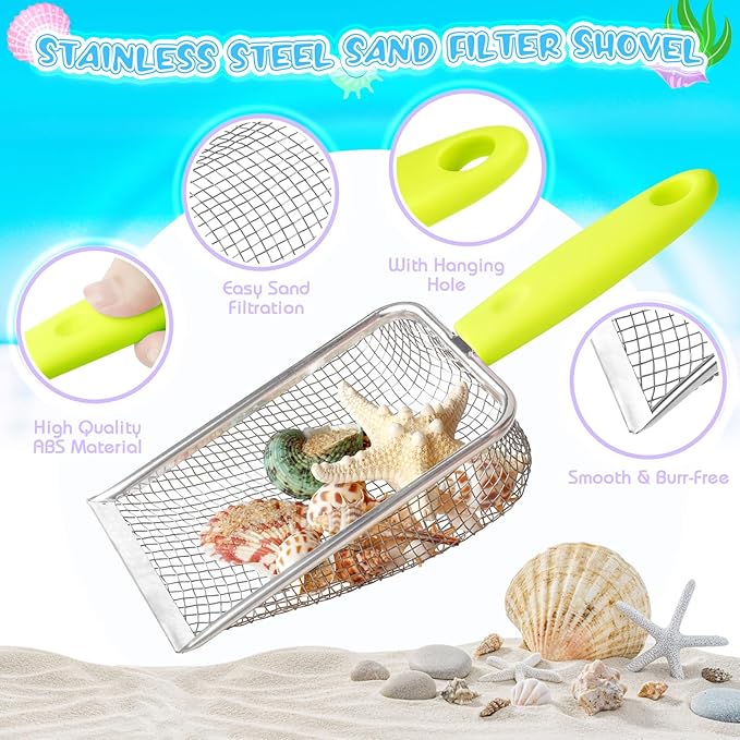 Beach Toys, Sand Toys with 2 Collapsible Beach Bucket and Beach Mesh Shovel, Sand Shovel, Shark Tooth Sifter and Mesh Bag for Shell Collecting, Sand Dipper Beach Scoop for Kids Boys Girls