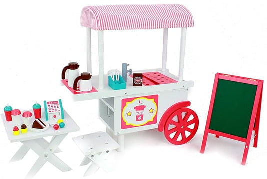 Playtime by Eimmie 18 Inch Doll Furniture Café Food Cart Set - Wooden Playset with Accessories, Fits American, Generation, My Life & Similar 14”-18” Dolls