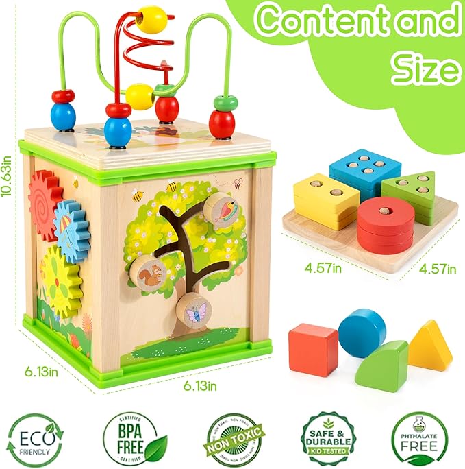 Wooden 7-in-1 Activity Cube| Montessori Toys for 1 2 3 Year Old Toddlers| Baby Educational Developmental Toys |One Year Old Boys Girls First Birthday Gifts |Bonus Sorting & Stacking Board